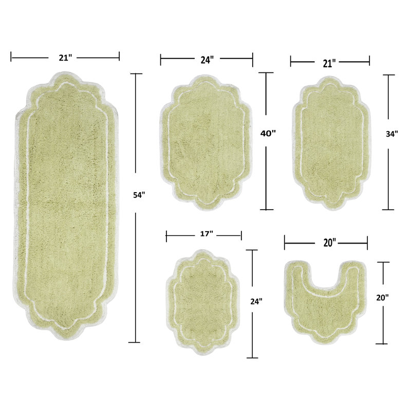Tapis pour salle de bain 100% coton Allure - lavable à la machine, séchage rapide, absorbant - ensemble de 5 pièces, Vert