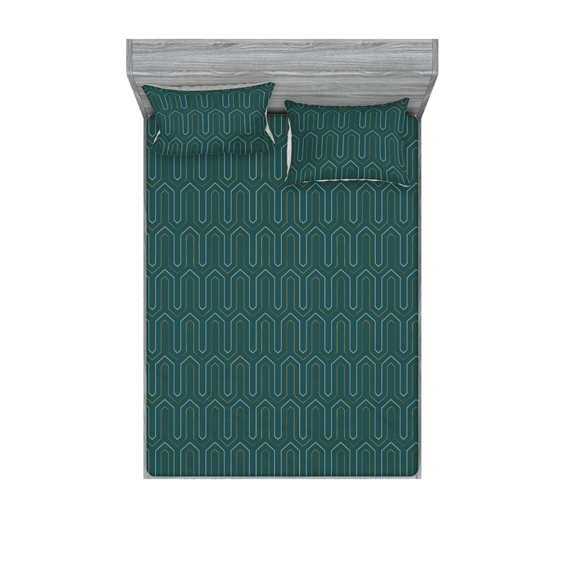 Ambesonne Fitted Sheet & Shams, Queen Sheet Set with 2 Pillowcases, Hunter Green/Earth Yellow Abstract