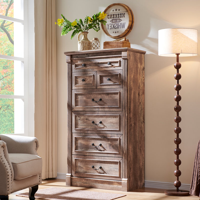 Burlington Farmhouse 7 Drawers Dresser for Bedroom, 57" Tall Large Dressers & Chests of Drawers w/Roman Column, Brown