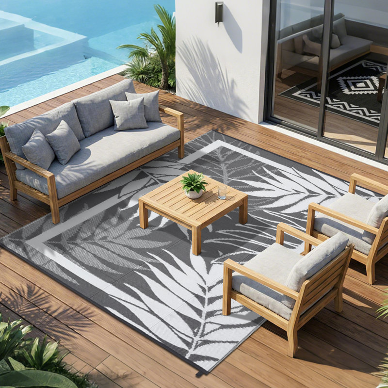 9x12 Grey/White Modern Leaf Reversible Outdoor Rug, Waterproof, Washable, Non-Shedding, Easy-Clean Indoor & Outdoor Patio Porch Carpet