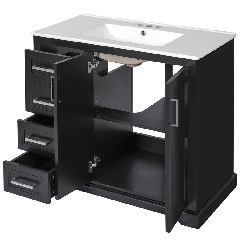Meuble-lavabo moderne 36 po avec lavabo en céramique, porte à fermeture douce, tablette réglable et 3 tiroirs, Noir