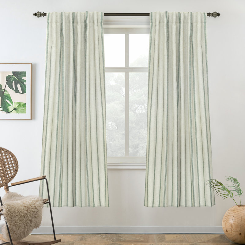 Paire de rideaux occultant, Rayure vert jade / languette en lin clair, L 52 po x L 63 po