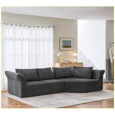 Modern Minimalist Modular Sectional Sofa with Right Arm, Wide Armrests & Throw Pillows, Curved Corner Sofa, Dark Gray