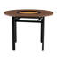 Table de salle à manger ronde de 107 cm (42 pouces) avec finition en bois brun veiné, incrustations en verre couleur thé et piètement en métal noir.
