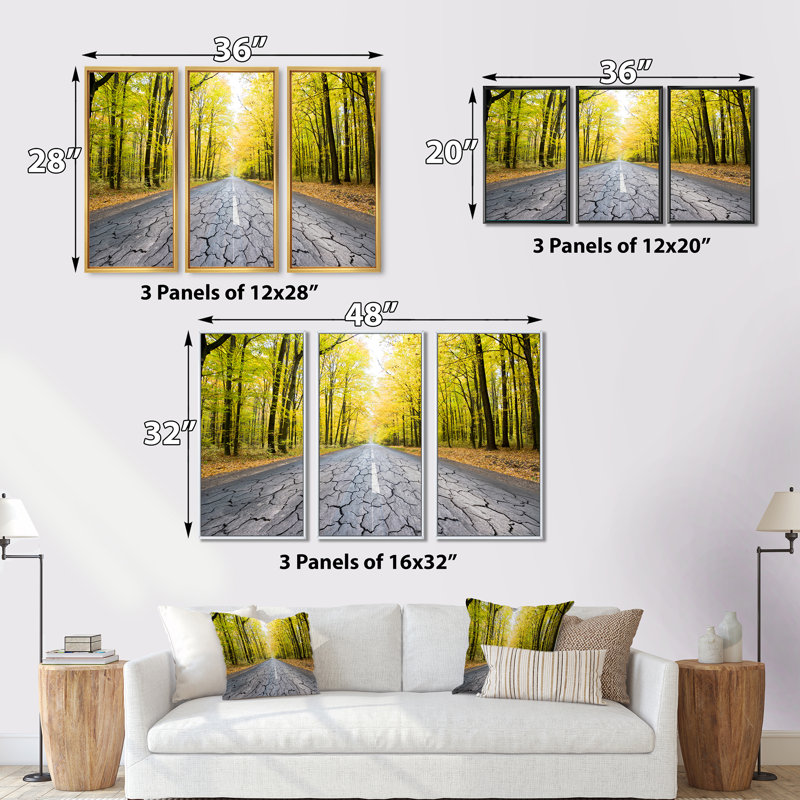 «Cracked Road In The Forest», ensemble d'art mural sur toile encadré paysage, H 32 po x l 48 po x P 1 po, Or