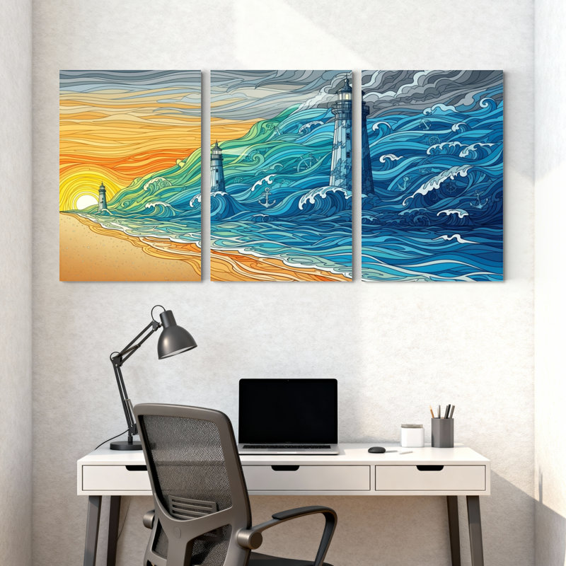 Nautique et plage, océan, vagues, coucher de soleil, phare, plage, ciel, ensemble de 3 reproductions d'art sur toile