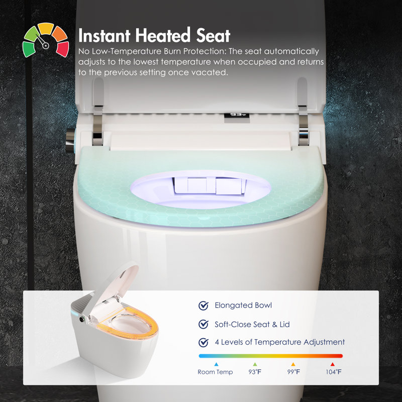 Elongated Tankless Smart Toilet with Bidet Wash, Heated Seat, Powerful 1.28 GPF Auto Flush, Warm Air Dryer, Foot Sensor Flush & Night Light (Remote Included)