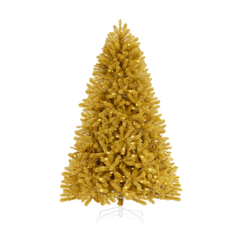 Traditional Gold Christmas Tree with Lights, Tree Prelit with Metal Stand, 7.5 ft