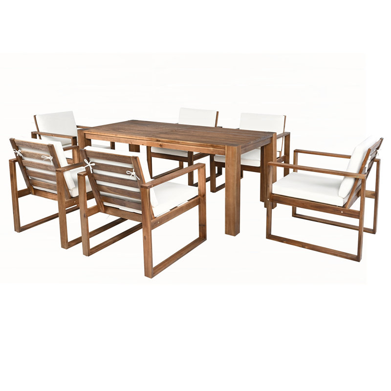 Ensemble de salle à manger rustique en bois d'acacia pour 6 personnes avec trou pour parasol, coussins confortables et fabrication durable pour l'extérieur