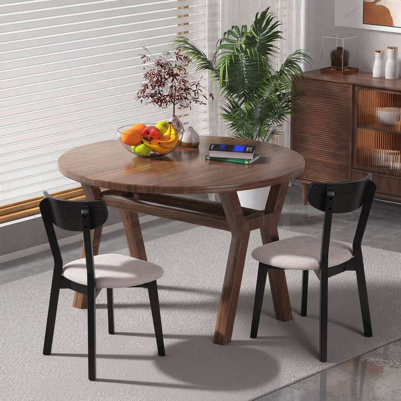 Solid Wood Dining Chairs, Armless Upholstered Modern Side Chairs With Linen Fabric Seat, Light Camel, Black