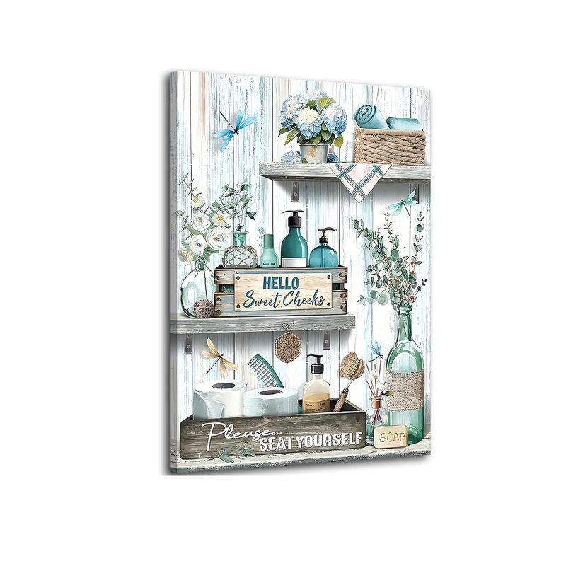 Farmhouse Bathroom Canvas Wall Art Blue Green Rustic Dragonfly And Flower Wall Decor Pictures Bathroom Please Seat Yourself Sign Poster Prints For Toilet Home Decoration 16X24in Ready To Hang
