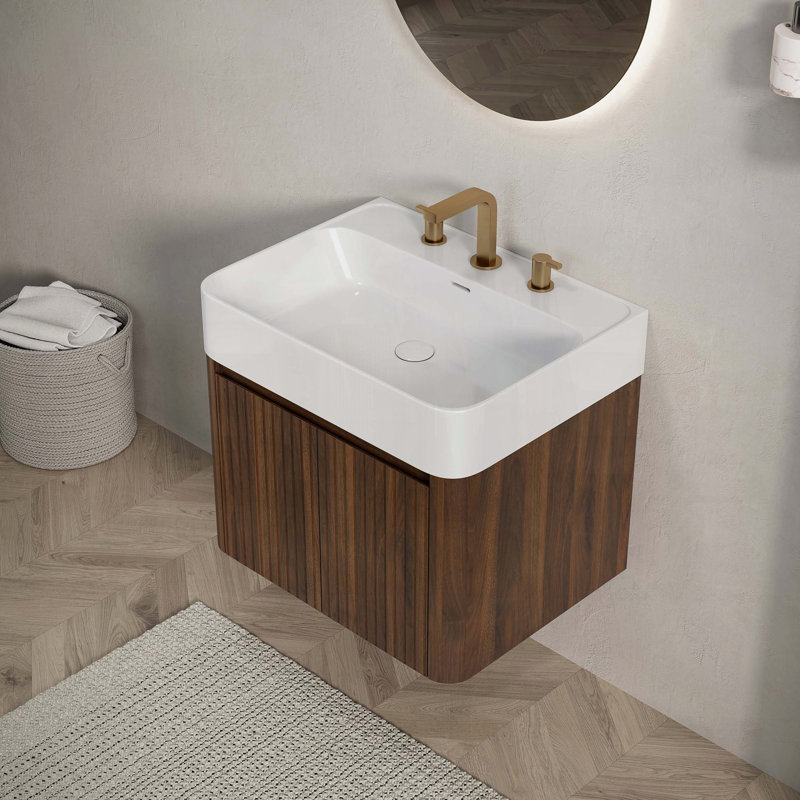 Meuble-lavabo suspendu avec lavabo intégré en surface solide blanche lustrée et armoire en bois de noyer