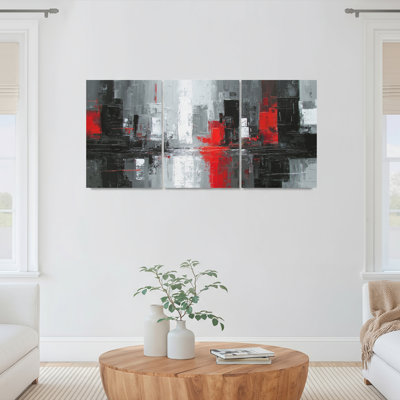 Abstract Red Black And Gray Geometric Canvas Wrapped Wall Art Set Of 3 For Living Room Bedroom Or Office Decor