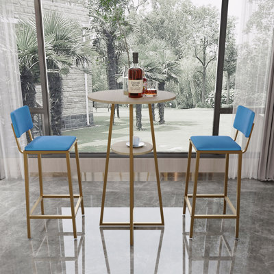 Bar table and chairs three piece set, gold frame, sponge made seat cushions and backrests, bar table with storage function (gold+brown tabletop)