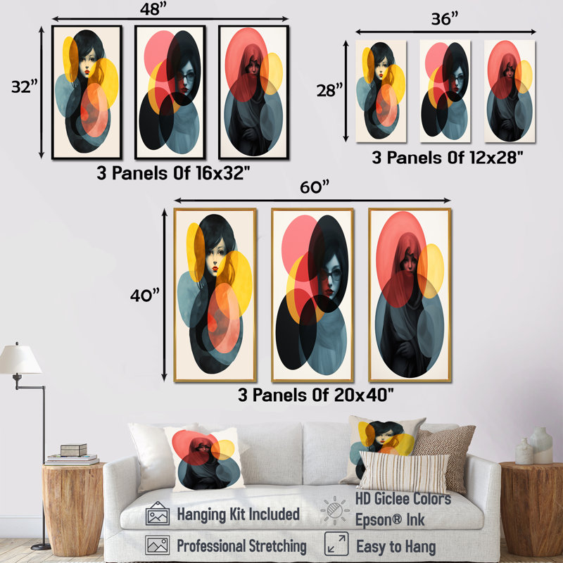 «Geometric Fusion Forms Woman Collage I», ensemble de 3 reproductions d'art sur toile, Cadre flottant noir, H 28 po x l 36 po