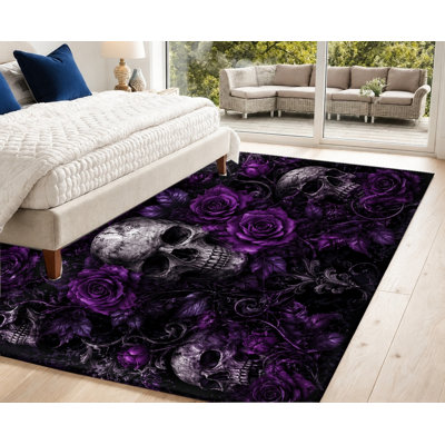 Tapis gothique à tête de mort rose, motif floral rose foncé et crâne gothique, détail artistique, lavable à la machine, envers antidérapant, tapis d'intérieur élégant pour salon, chambre à coucher, appartement
