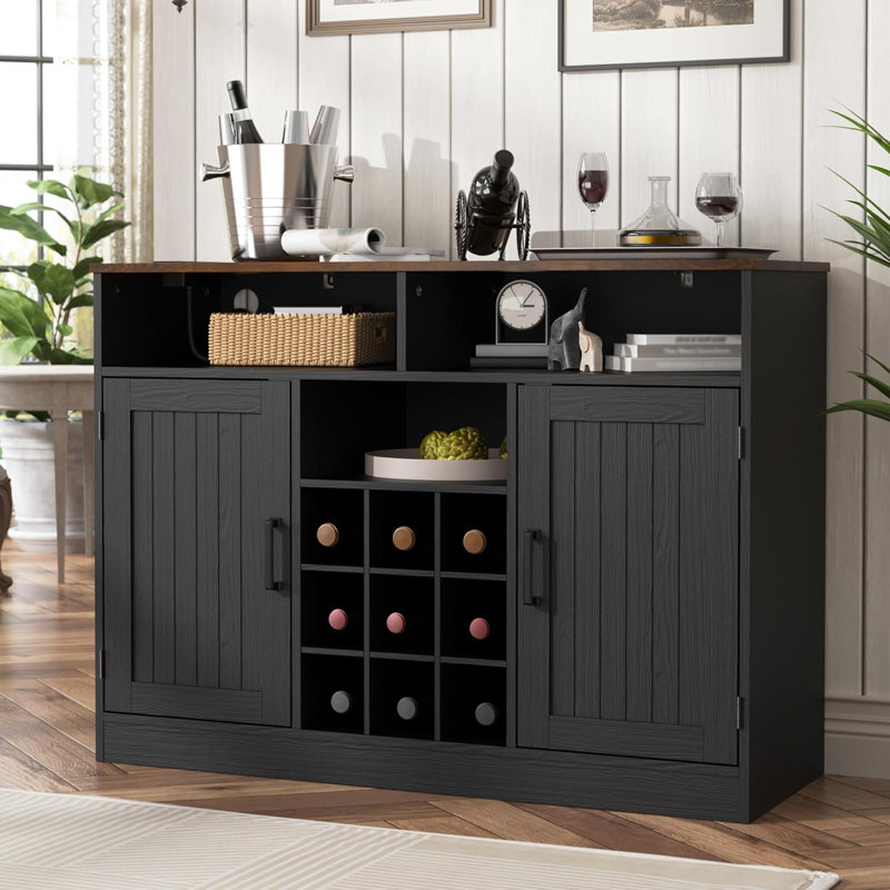 Farmhouse Buffet Cabinet With Prower Outlets, Rustic Sideboard Buffet With Wine Rack, Wooden Buffet Table For Dining Room, Antique Black