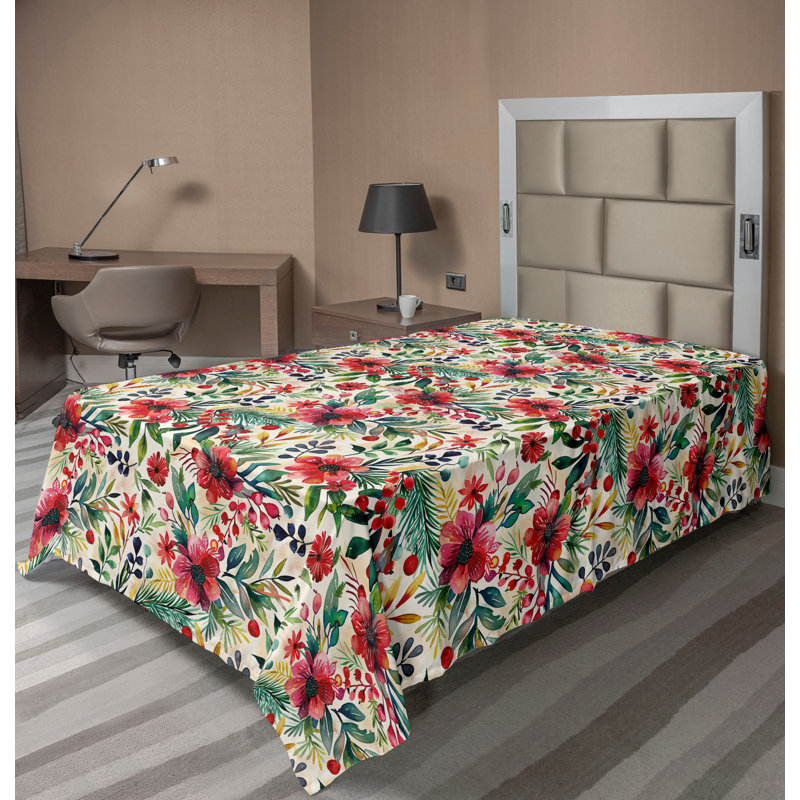Drap plat moderne de style bohème Ambesonne, Vert forêt / motif floral vermillon, Drap plat pour lit simple