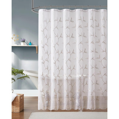 Sheer Faux-Linen Shower Curtain Panel With Rustic Stitched Leaf Embroidery
