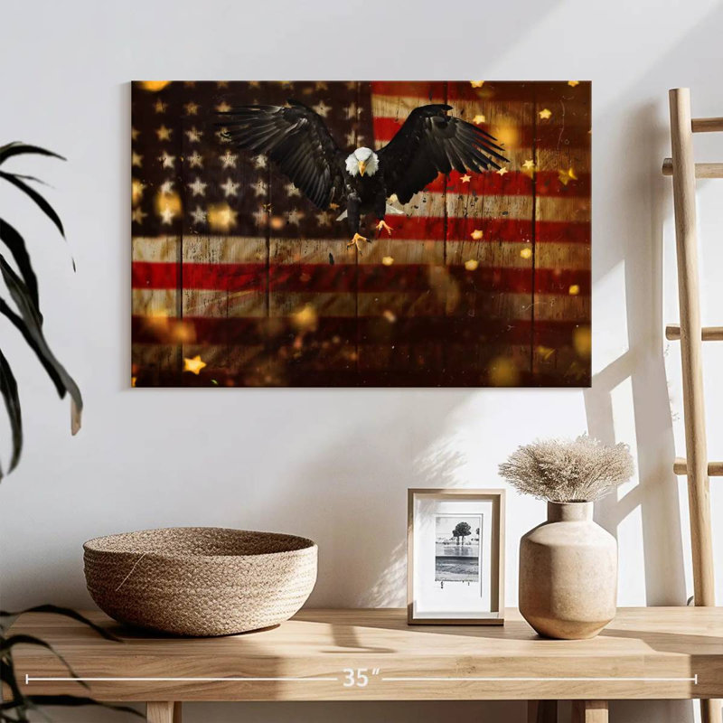 Brampt US Flag With Flying Bald Eagle, 16" H x 24" W