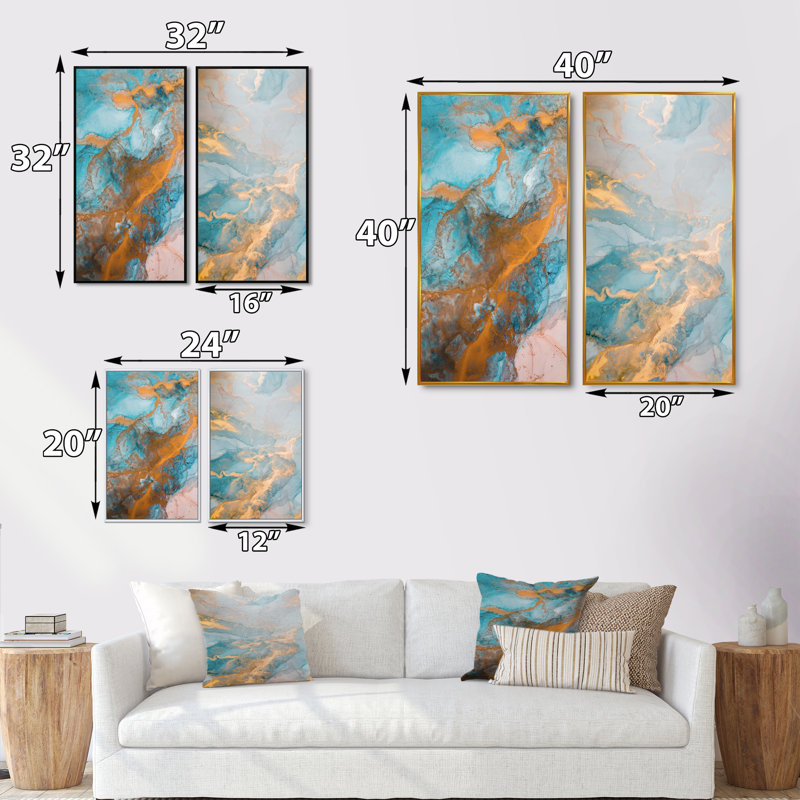 «Luxury Turquoise and Gold Marble Flow Art», ensemble de 2 impressions sur toile, H 20 po x l 24 po x P 1 po