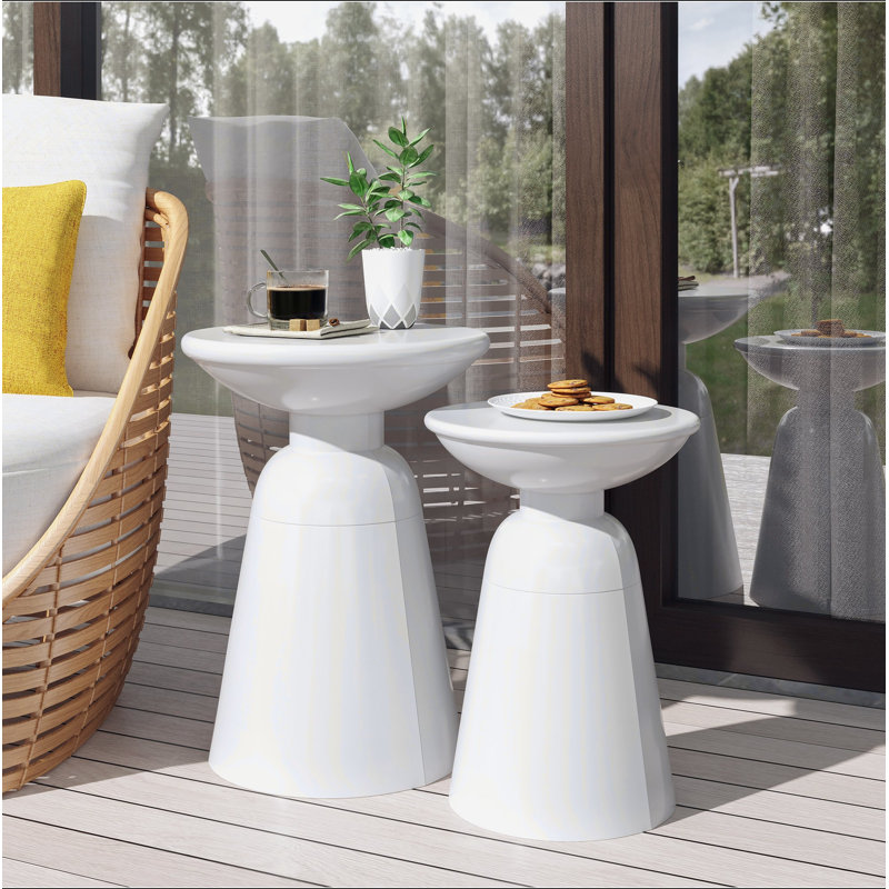 Serenita Outdoor Iron Side Tables With Flared Design, Set Of 2, White