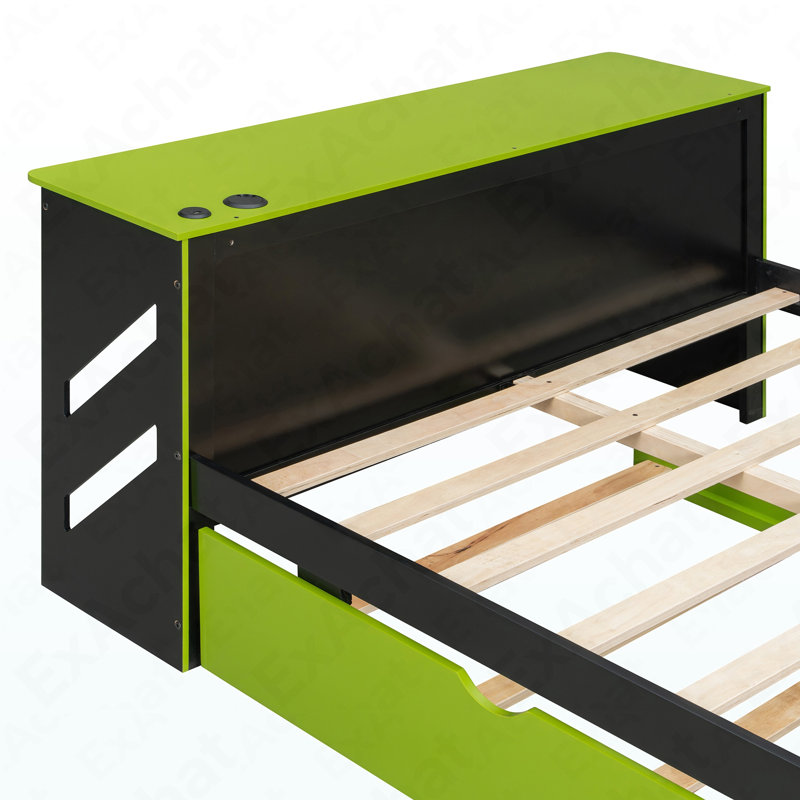 Full Size Wood Daybed With Twin Size Trundle,Desk And USB,Green