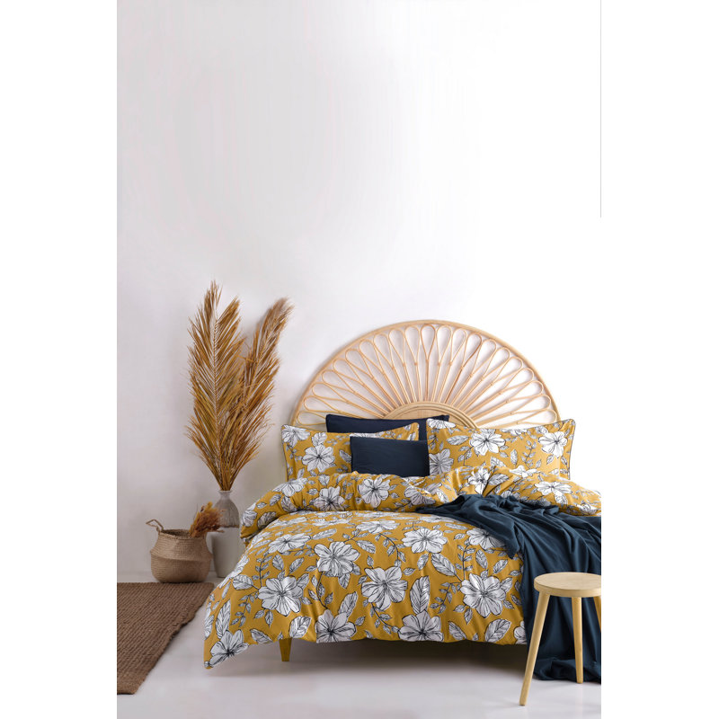 Ensemble de housse de couette 100% coton Devincenzo, Moutarde / blanc, Housse de couette double TG + 3 pièces supplémen
