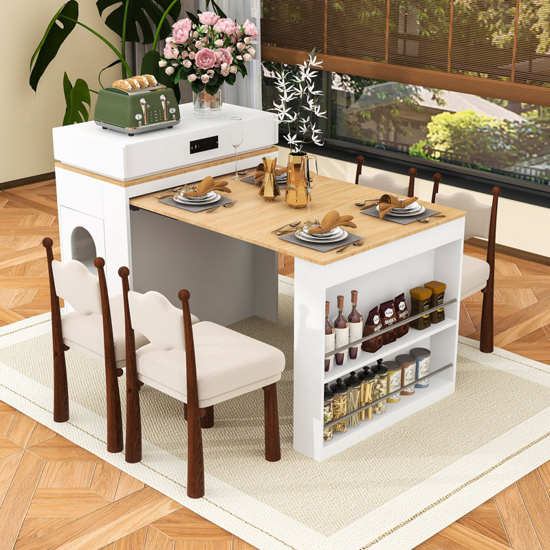Îlot de cuisine contemporain avec roulettes, ports de charge intégrés et plateau de table pliable Contemporary, Blanc crémeux