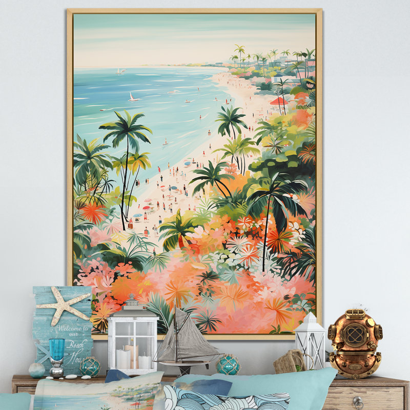 Scène de plage côtière pastel III - art mural de plage côtière pour le salon, Cadre flottant brun, 44" H x 34" W