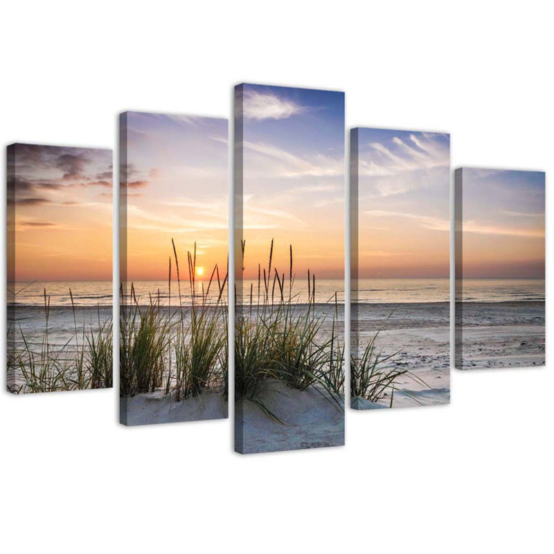 Sea Beach Sunset - 5 Piece No Frame Set on Canvas, 100cm H x 200cm W