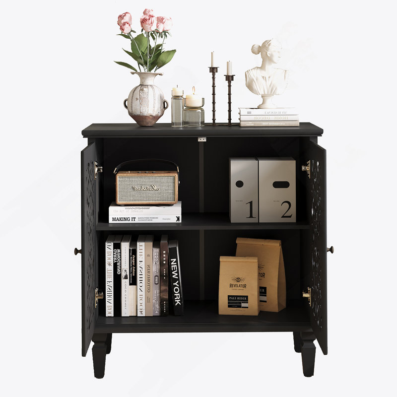 Armoire décorative, armoire de rangement à 2 portes, buffet avec tablette réglable et pieds en bois massif, Noir