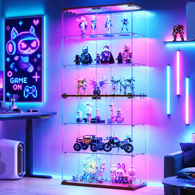 6-Tier Glass Display Cabinet with RGB Lights & Lock, Solid Wood Top, Middle Shelf & Bottom Panel
