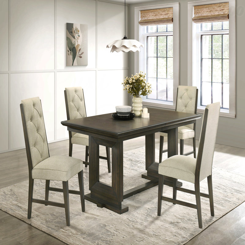 Rectangular Extendable Dining Table 18" Leaf Trestle Pedestal Base Dark Wood