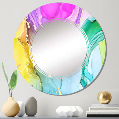 Turquoise et mauve, luxe, abstrait, fluide, art, neuvième, miroir mural rond moderne