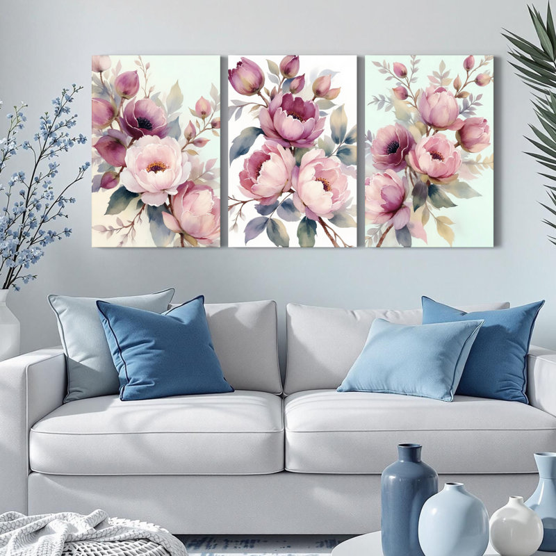 Pivoine, impression sur toile, ensemble de 3, H 18 po x l 36 po