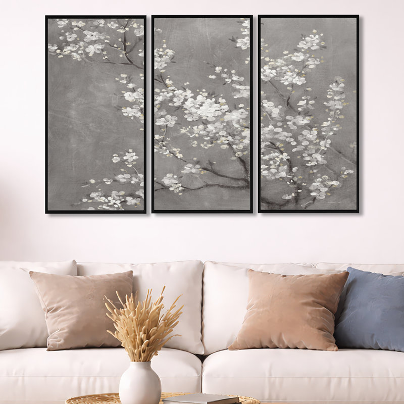 White Cherry Blossoms II - ensemble d'art mural sur toile encadré traditionnel de 3, H 20 po x l 36 po x P 1 po, Noir