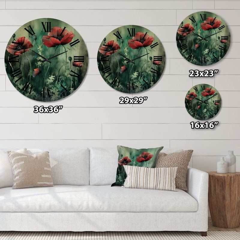 Horloge murale surdimensionnée en bois Emerald Vibrant Poppies II - Poppies, Grand