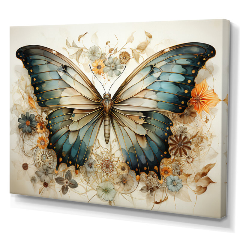 Papillon beige sarcelle, motifs complexes - art mural papillon, Toile tendue, H 24 po x l 32 po x P 1 po