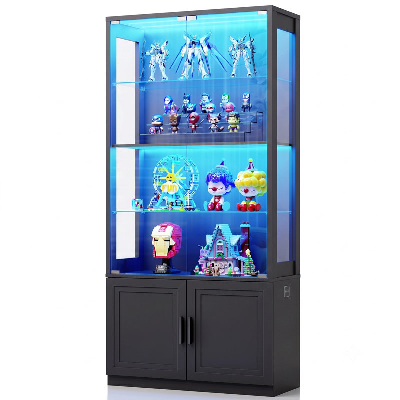 67''Display Cabinet With Glass Doors, 4-tier Curio Cabinet With 2 Removable Glass Shelves, Display Case For Collectibles, Black