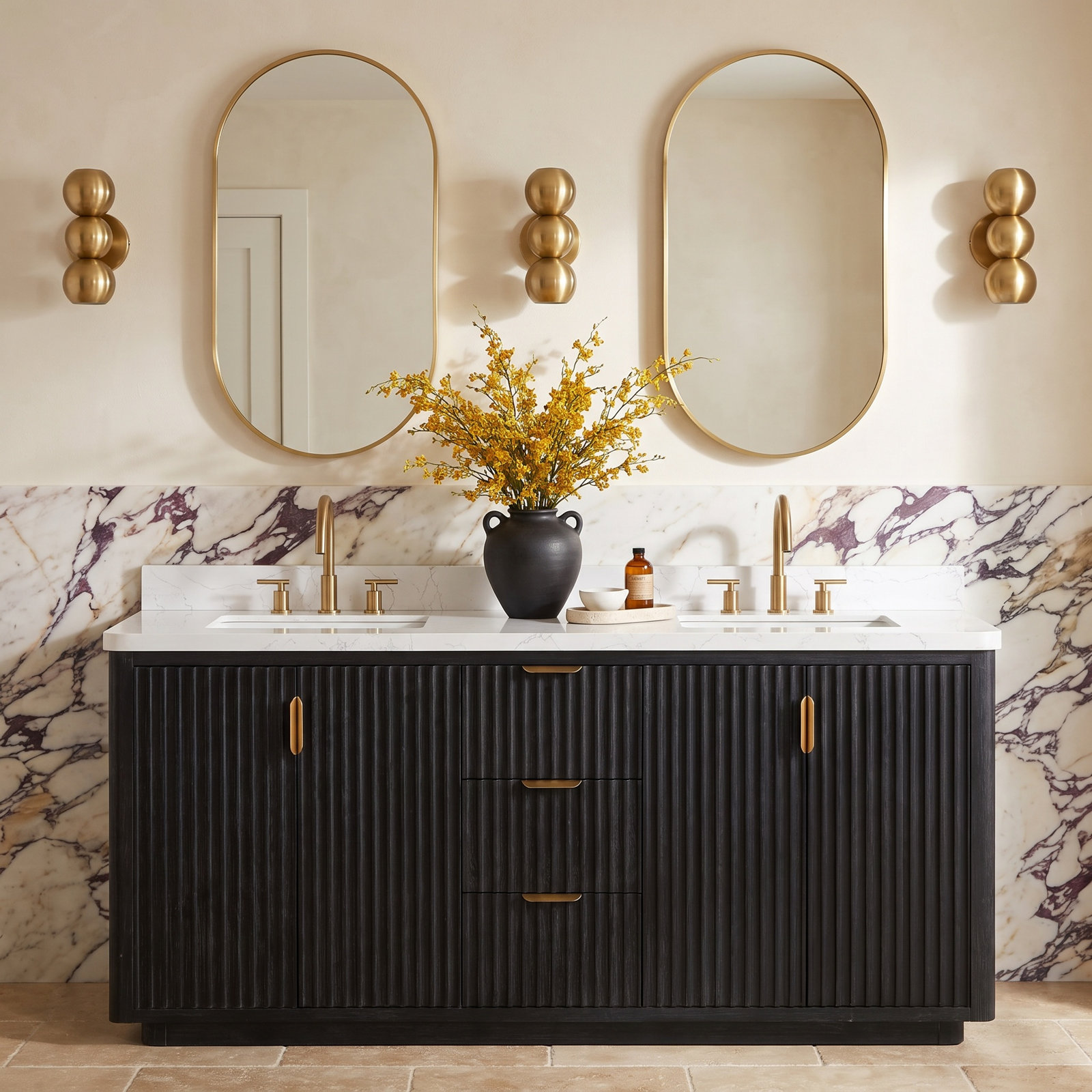 Adela 72'' Double Bathroom Vanity, Black, White, Gold