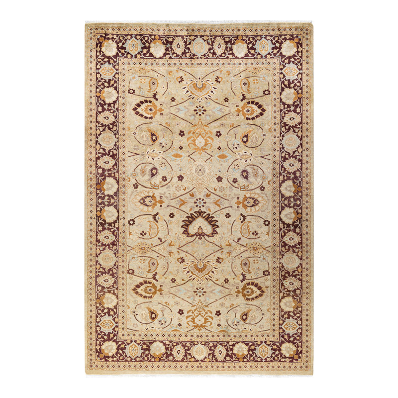 Tapis unique noué à la main Keenan - doré, 6 pi 2 po x 9 pi 5 po