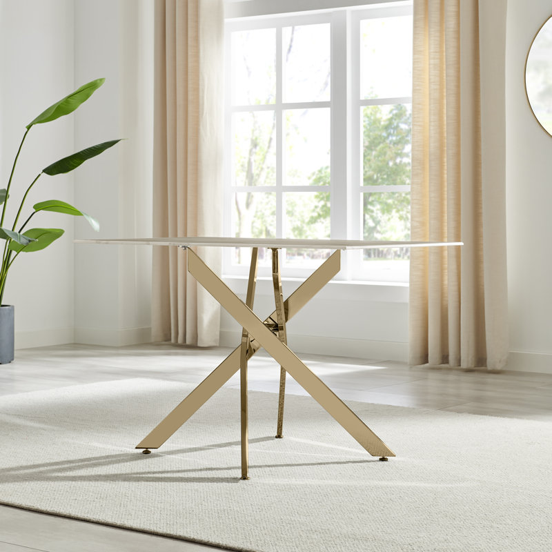 Chanden Luxury Marble Effect Glass 4 Seater Dining Table - Modern Statement Design, Gold, White