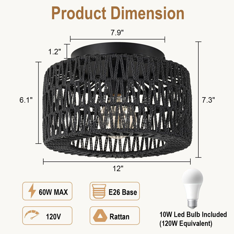 Rattan Ceiling Light Fixtures (12-Inch, LED Bulb Included) Hand-Woven Boho Flush Mount Ceiling Light Rattan Chandelier(Black)