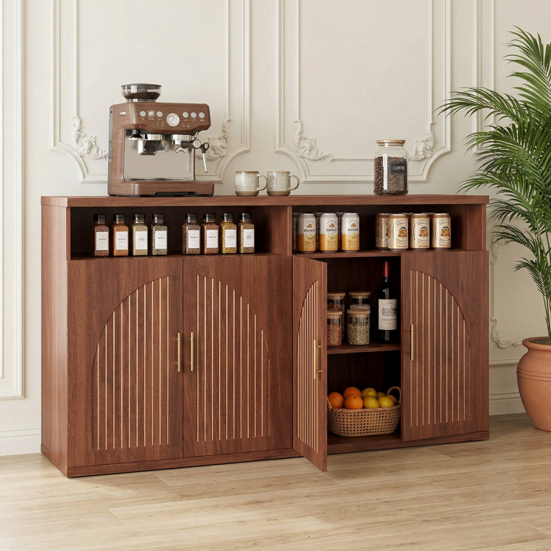 Buffet 4 arches cannelées à 4 portes avec tablettes ouvertes et charnières à fermeture en douceur et ensemble anti-basculement pour le salon et la salle à manger
