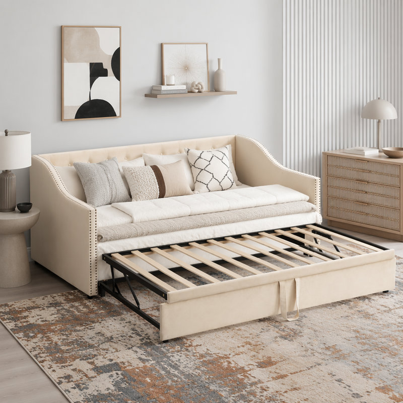 Upholstered daybed with Pop Up Trundle, Beige