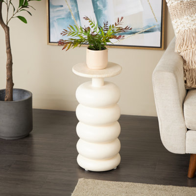 Teak Wood Handmade Carved Bubble Inspired Side End Cream Accent Table With Marble Tabletop