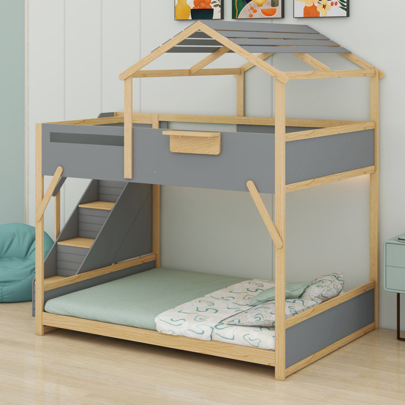 Lit superposé élégant pour enfants avec escalier pratique et lumières DEL, Full over Full, Gray
