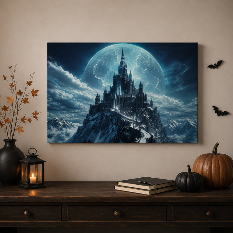 Château gothique sur montagne enneigé sous une toile craquelée - Décoration murale d'Halloween, H 24 po x l 36 po