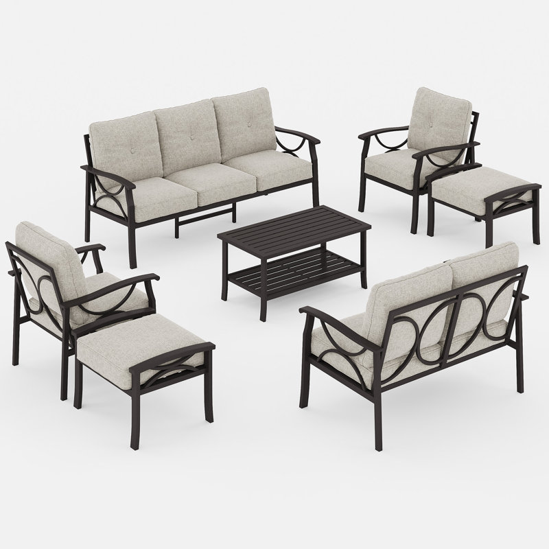 Outdoor Furniture Set with 4" Cushions, 9-Person All-Weather Metal Frame Patio Furniture Set, 7-Piece Outdoor Patio Set with Ergonomic Back Support